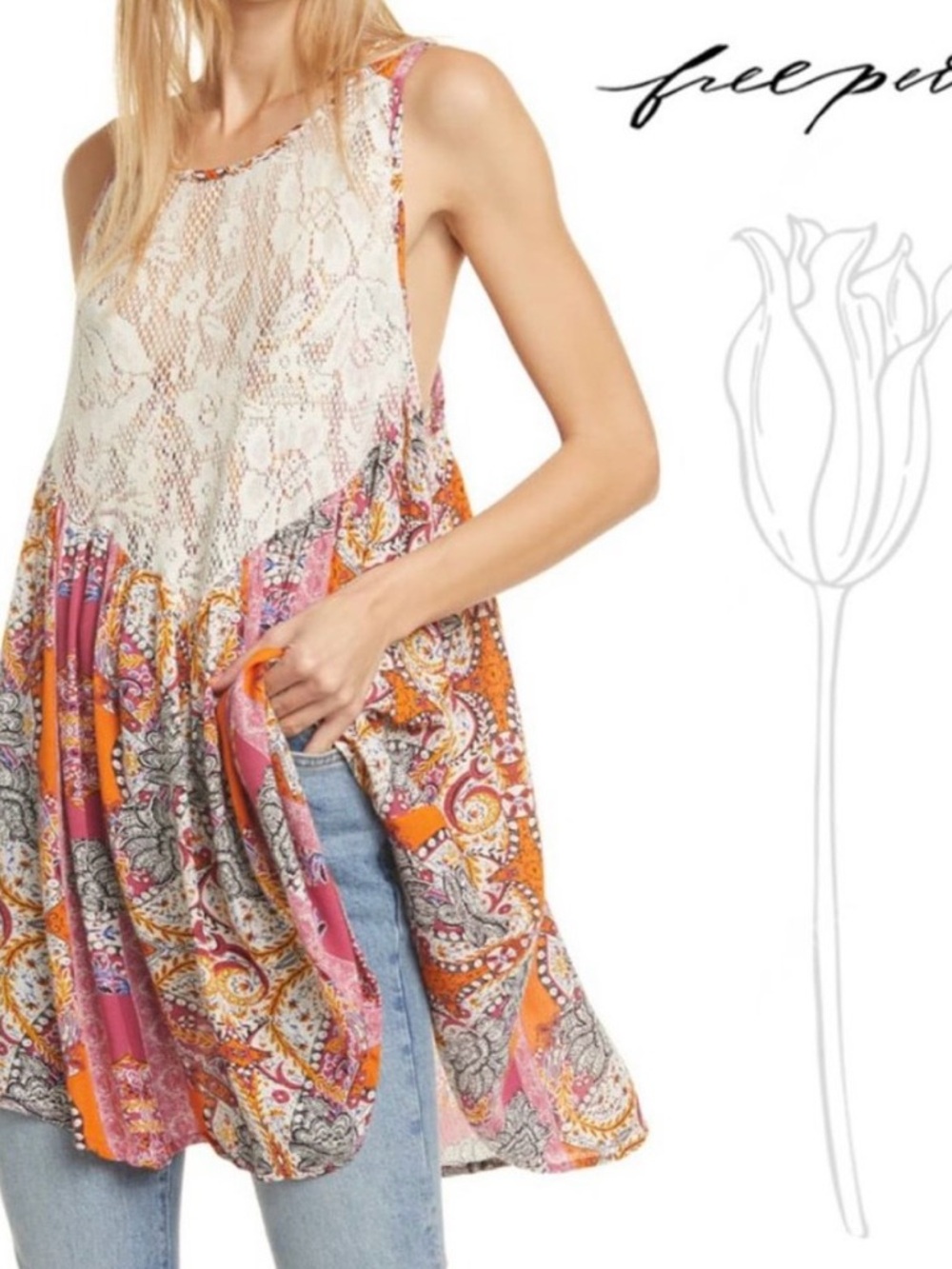 Free People Paisley Lace-Panel Swing Tank in Pink & Orange